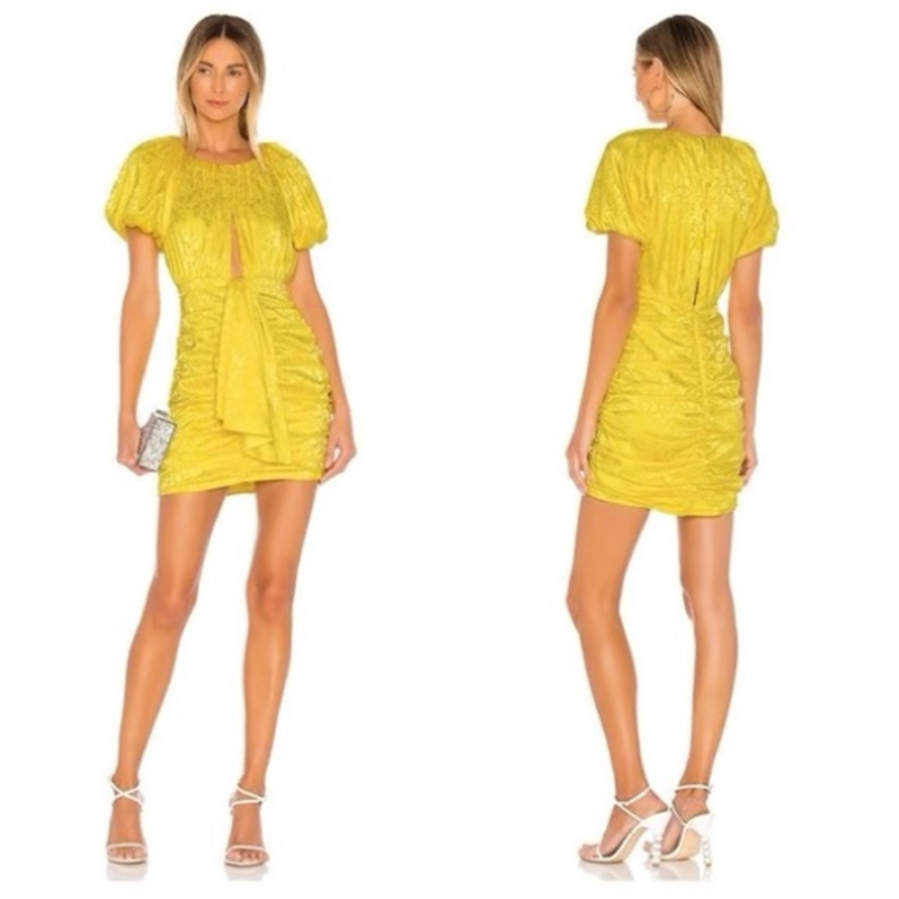 For Love & Lemons Fiji Ruched Mini Dress Yellow Puff Sleeve SZ medium
